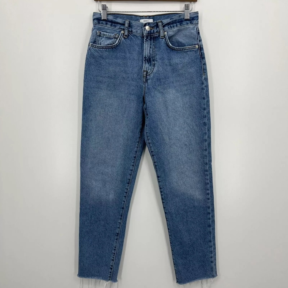 Forever 21 Premium Denim High Rise Mom Jeans Blue Medium Wash Raw Hem Size 26